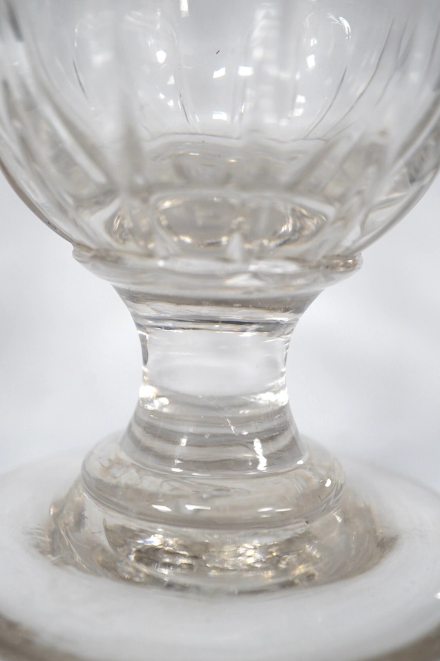 A diamond point engraved commemorative goblet, with the design of the Royal coat of arms, Prince of Wales feathers, horses, riders and a poem, inscribed ‘D.Coghill 1881’ together with a wheel engraved graved rummer, insc